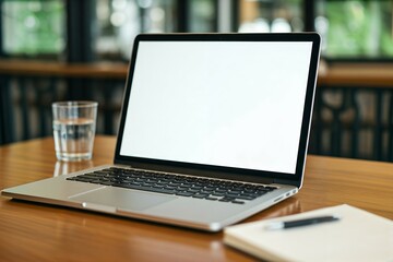 Mockup Laptop with a blank screen on a wooden desk next to a glass of water and a closed notebook.