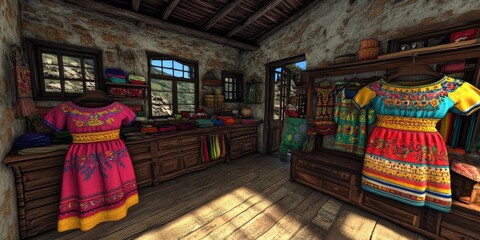 A colorful boutique showcasing traditional dresses in a rustic setting.