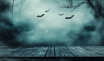 Foggy Forest Halloween Background with Flying Bats and Wooden Table