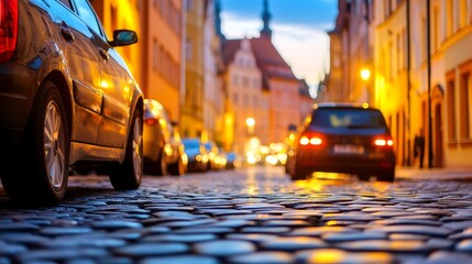 A cobblestone street at dusk, illuminated by streetlights and car headlights.