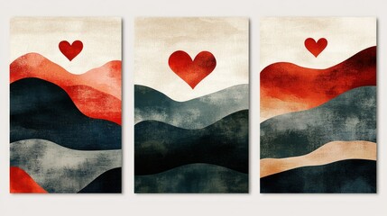 Three abstract watercolor landscape prints with red hearts.