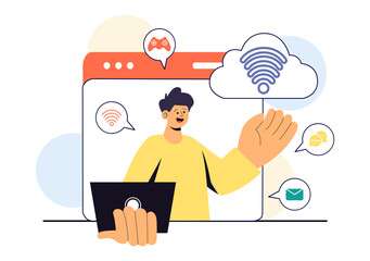 Internet of Things IoT Vector Illustration featuring Technology, Smart Connection and Control Devices in a Network for Industrial with Internet Access