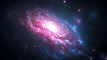 Spiral galaxy with pink nebula in deep space glows among bright stars and cosmic clouds in vast darkness of universe