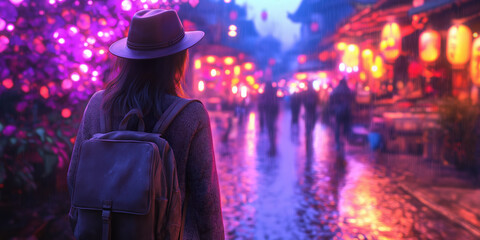 Obraz premium Woman exploring vibrant Asian night market with illuminated lanterns and wet streets in the rain