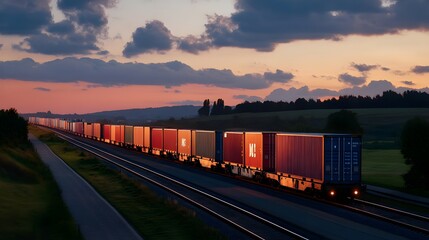 Fototapeta premium sunset freight train, cargo transport - dramatic lighting (sunset/s.