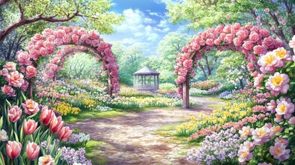 A serene garden scene with blooming flowers and a gazebo under a bright sky.