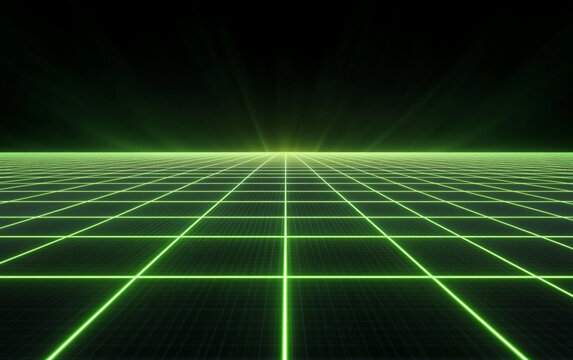 Glowing green wireframe grid fading into dark perspective horizon with geometric neon lines creating futuristic virtual space backdrop