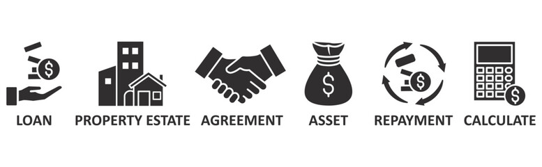 Mortgage icon set illustration concept with icon of loan,prooperty estate, agreement, asset, repayment, calculate	