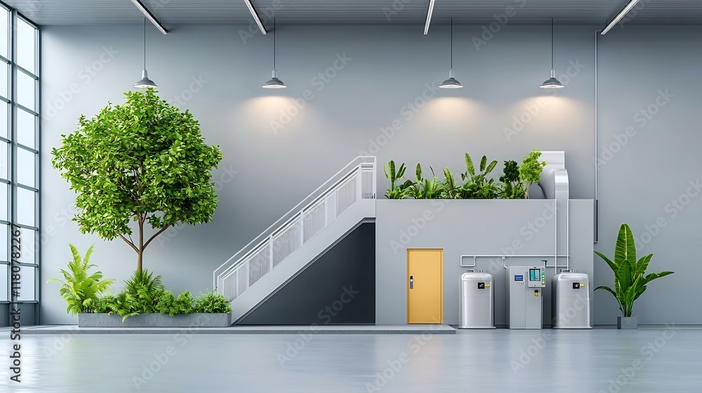Poster sleek and sophisticated futuristic waste management and energy system within a modern industrial bui