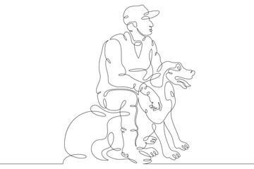 Hunter hunting with a dog. The breeder sits on a stone next to the dog. Dog with owner One continuous drawing line  logo single hand drawn art doodle isolated minimal illustration.