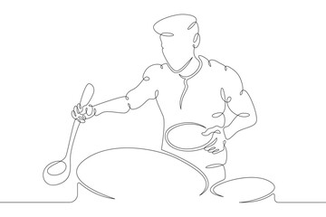 Chef prepares food in the kitchen. Male cook in uniform with kitchen utensils at work.One continuous drawing line  logo single hand drawn art doodle isolated minimal illustration.
