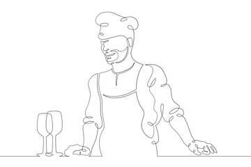Chef prepares food in the kitchen. Male cook in uniform with kitchen utensils at work.One continuous drawing line  logo single hand drawn art doodle isolated minimal illustration.