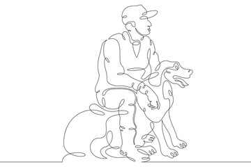 Hunter hunting with a dog. The breeder sits on a stone next to the dog. Dog with owner One continuous drawing line  logo single hand drawn art doodle isolated minimal illustration.