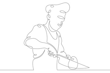 Chef prepares food in the kitchen. Male cook in uniform with kitchen utensils at work.One continuous drawing line  logo single hand drawn art doodle isolated minimal illustration.