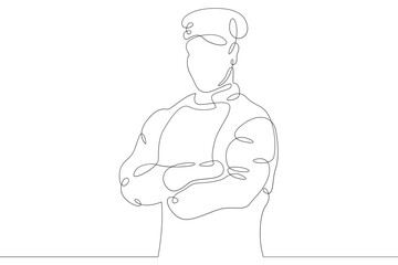 Chef in uniform and chefs hat. Portrait of a male chef cook character. One continuous drawing line  logo single hand drawn art doodle isolated minimal illustration.