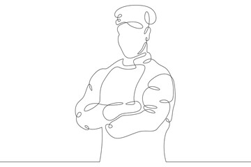 Chef in uniform and chefs hat. Portrait of a male chef cook character. One continuous drawing line  logo single hand drawn art doodle isolated minimal illustration.