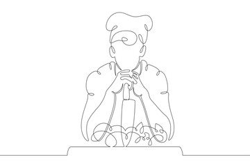 A chef in a cap with a large knife. Cook cuts the vegetables. One continuous drawing line  logo single hand drawn art doodle isolated minimal illustration.