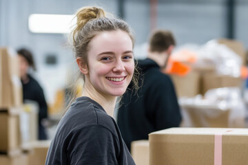 Caucasian young woman smiling in warehouse setting with packages