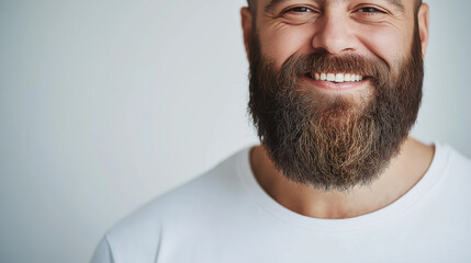 Obraz premium Smiling adult Caucasian man with a beard in a white shirt against a plain background