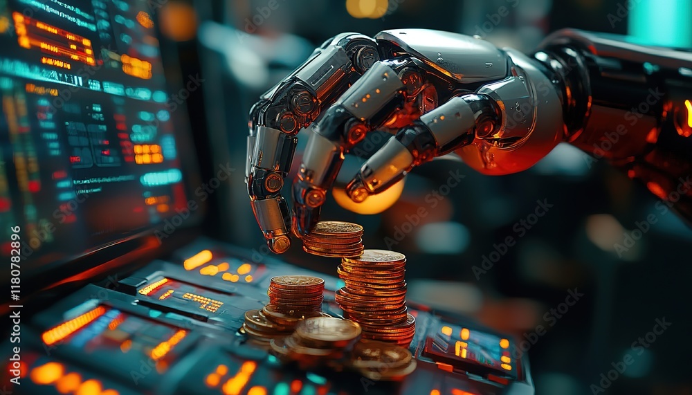 Poster artificial intelligence and financial technology concept.robot hand holding stacking pile of coins a