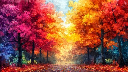 Fototapeta premium Vibrant autumnal forest path with colorful trees and falling leaves.
