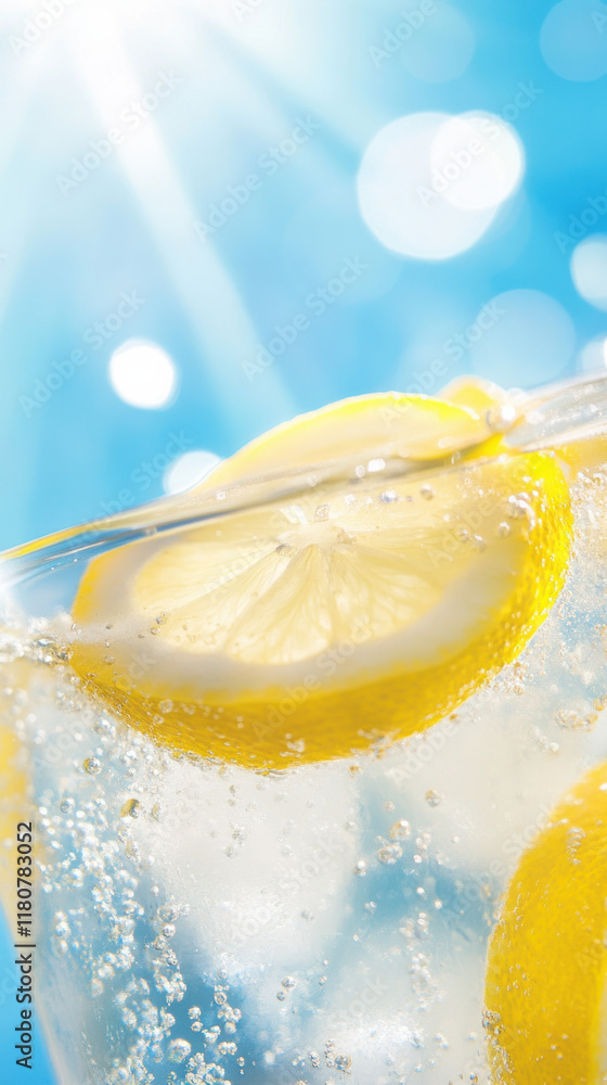 Poster refreshing lemon slices in sparkling water with bright blue background