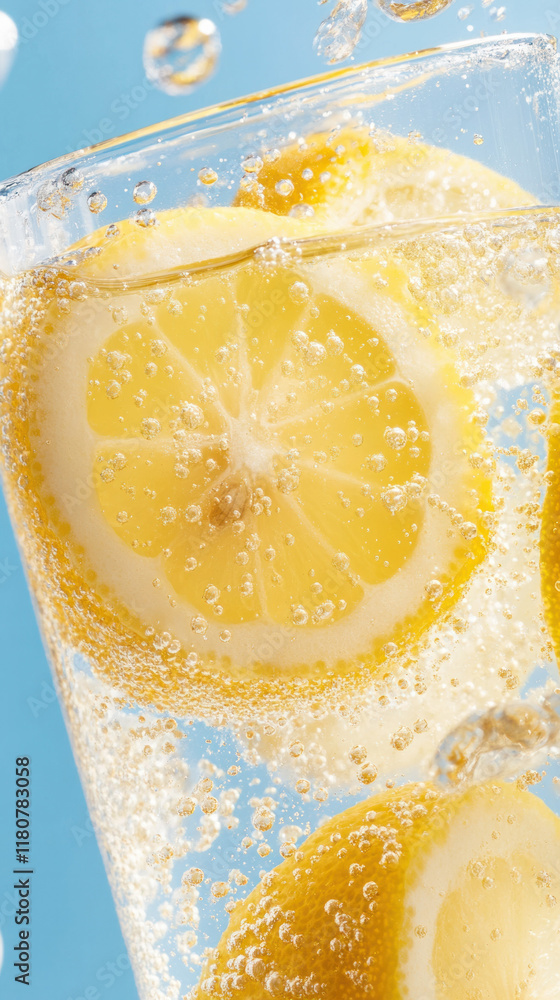 Poster refreshing lemon slices in sparkling water create vibrant drink