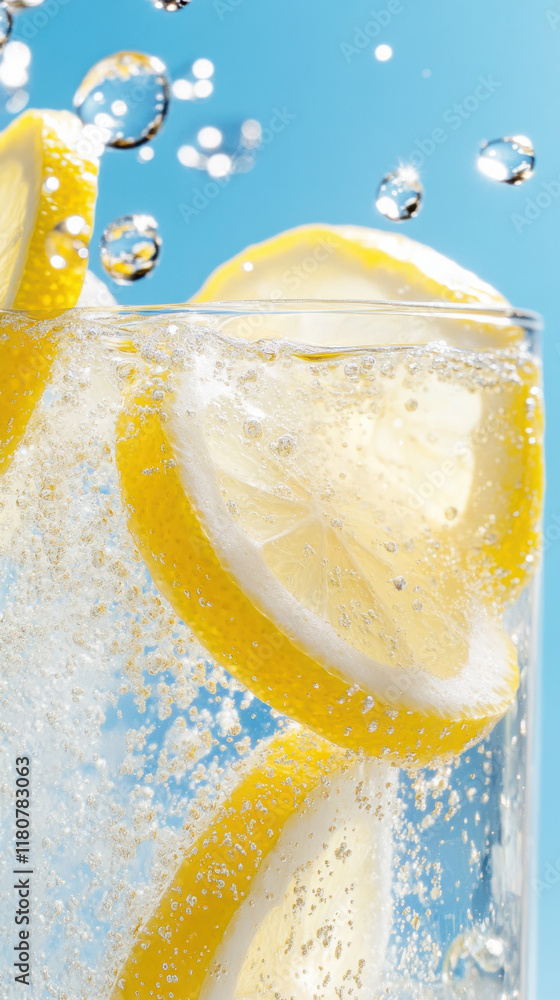 Poster Refreshing lemon slices in sparkling water with bubbles create vibrant drink