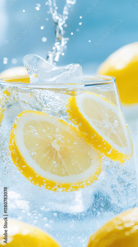 Poster Refreshing lemon slices in sparkling water with ice cubes