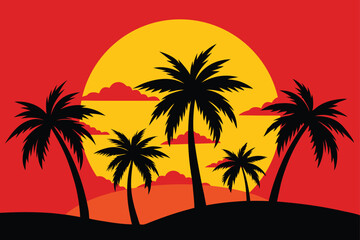 A set of palm tree silhouettes in the golden sunset and clouds background