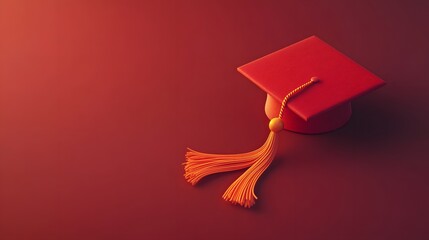 3D illustration of a red graduation cap with an orange tassel, symbolizing educational achievements with room for text.
