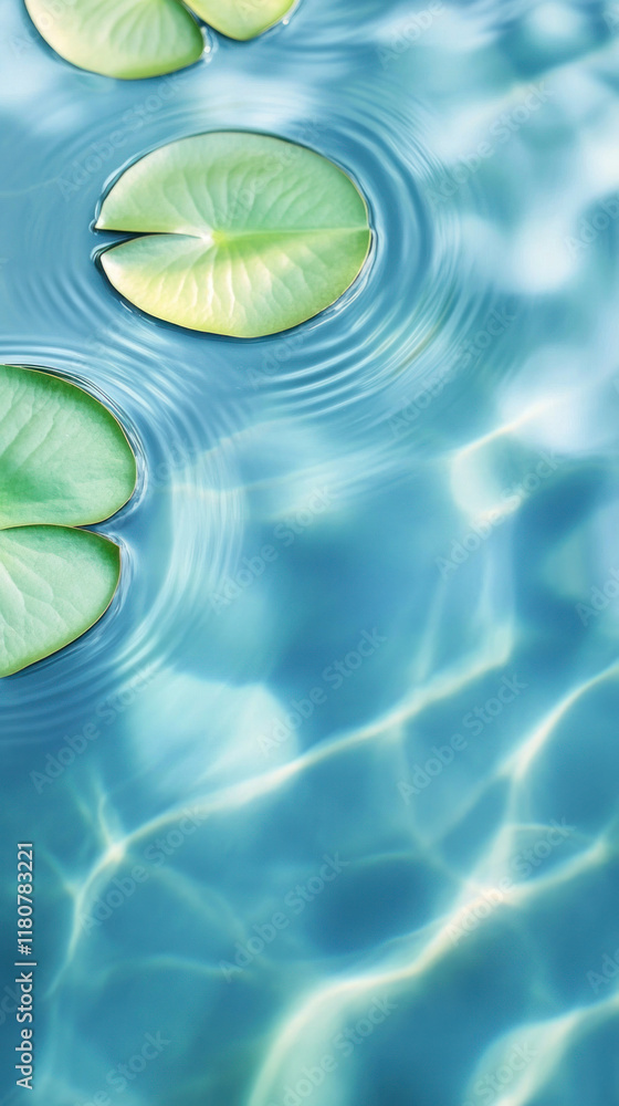 Poster Lily pads float on tranquil water, creating ripples in serene blue setting