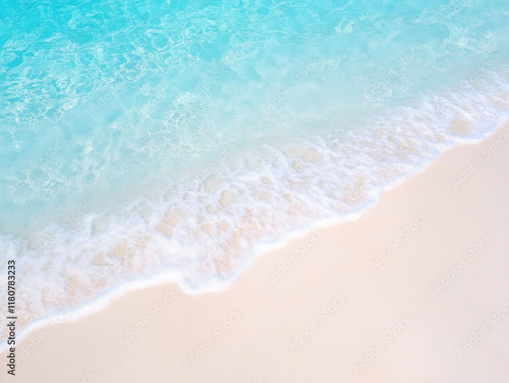 Poster serene beach scene with gentle waves lapping at soft sand, creating tranquil atmosphere