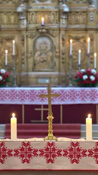 The altar inside the Saint Michael Cathedral in Alba Iulia, Romania decorated for Christmas. Vertical