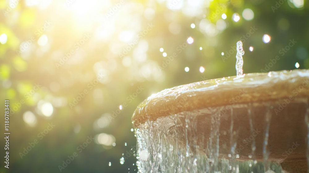 Poster serene water fountain with sunlight creating sparkling effect