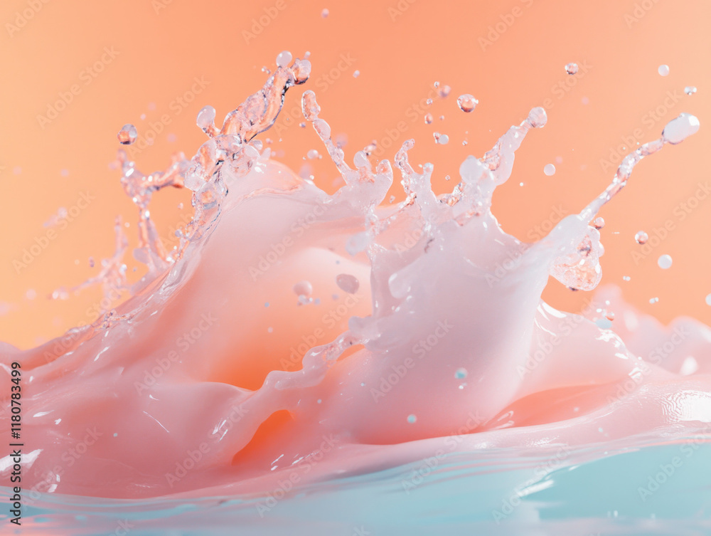 Poster vibrant splash of pink liquid creates dynamic droplets against soft background. fluid motion capture