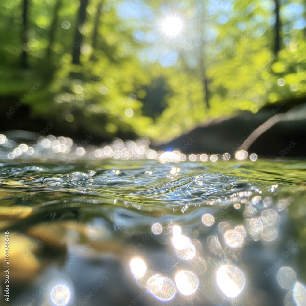 Poster serene forest stream with sunlight reflecting on water surface, creating tranquil atmosphere