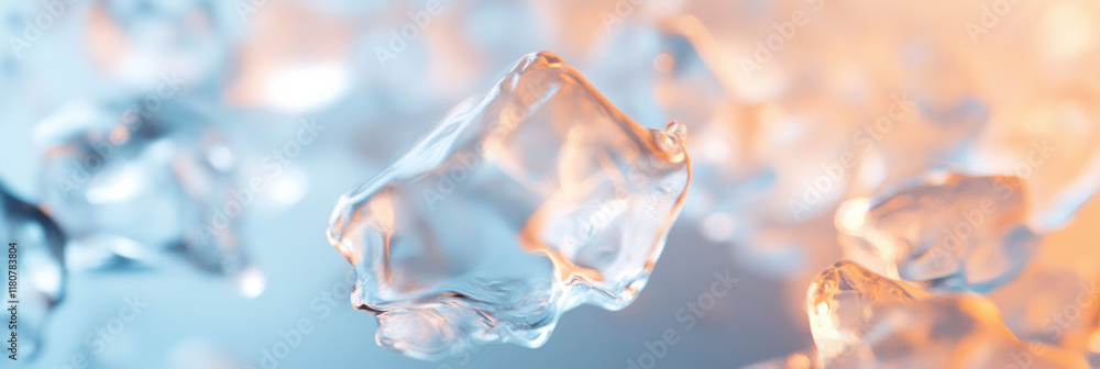 Aufkleber Clear ice cubes floating in water with soft blue and orange background, creating refreshing and cool atmosphere