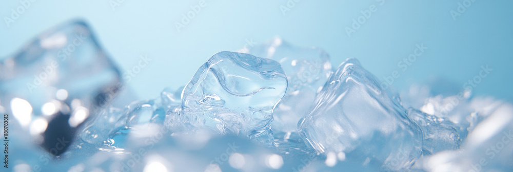 Poster fresh ice cubes glisten against soft blue background, creating refreshing atmosphere