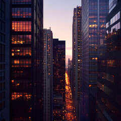 Harmonious Urban Symphony: Twilight Skyline of Skyscrapers and Illuminated Streets