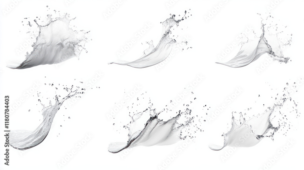 Poster dynamic water splashes captured in various forms and movements