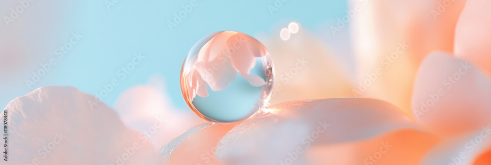 Poster crystal clear droplet rests on soft petals, reflecting delicate colors and light. serene composition