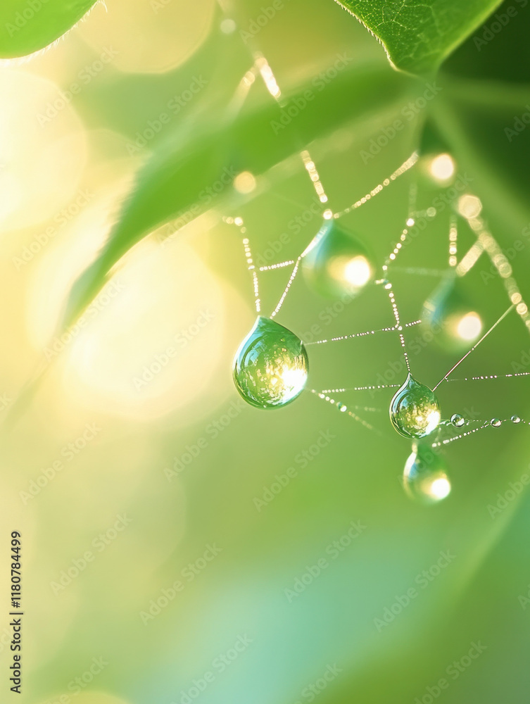 Poster delicate water droplets on spider web glisten in soft sunlight, creating serene atmosphere
