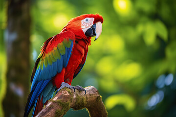 Fototapeta premium Vibrant Scarlet Macaw Perched on a Branch in a Lush Tropical Environment with Soft Green Bokeh Background