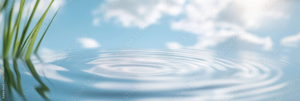 Poster calm water surface reflects clouds and grass, creating serene atmosphere