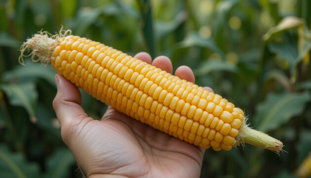Hand holding a fresh corn cob with golden kernels, symbolizing harvest and natures bounty. Agro - Powered by Adobe