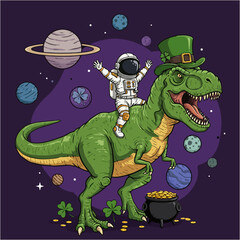 An astronaut joyfully rides a leprechaun-hatted T-Rex through space, surrounded by planets and a pot of gold. © anissa