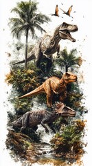 Fototapeta premium A dynamic illustration of three dinosaurs amidst a lush, tropical environment.