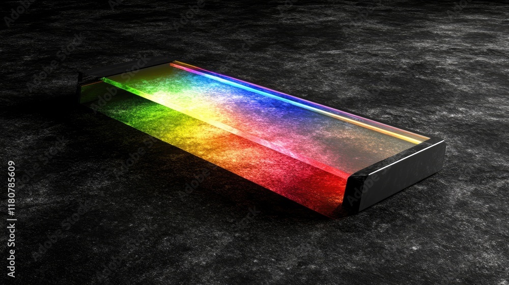 Poster a prism-like object emitting a spectrum of rainbow colors on a dark surface.