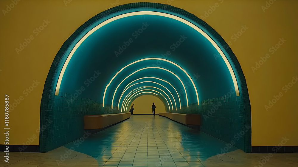 Poster surreal teal tunnel with arched neon lights, two figures walking towards the light at the end. a mys